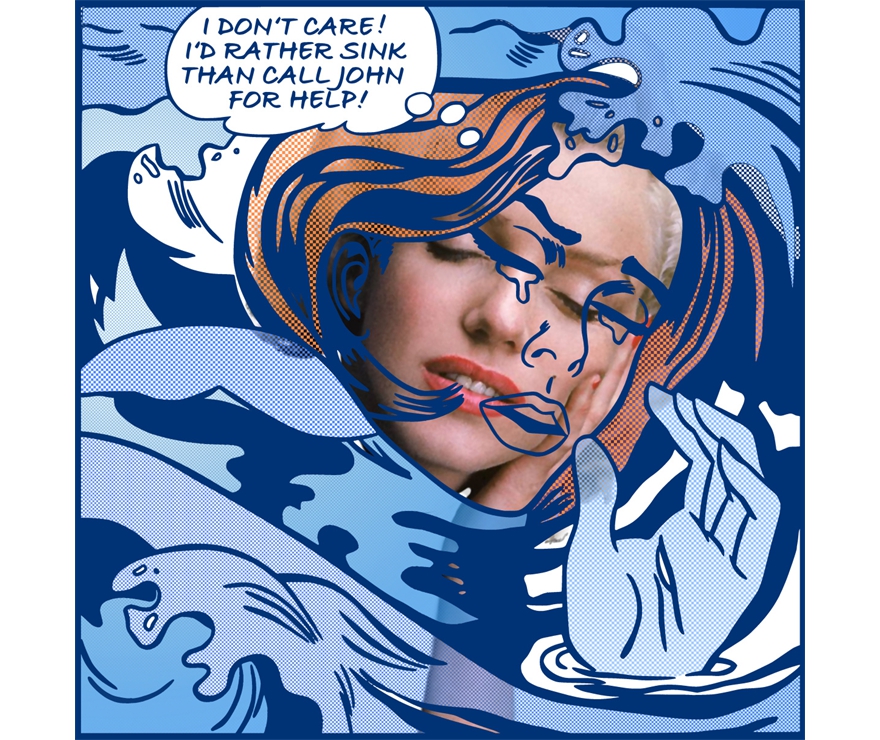 drowning marilyn, V blue, reinterpret after Lichtenstein and Eisensteadt, print on acryl and photo