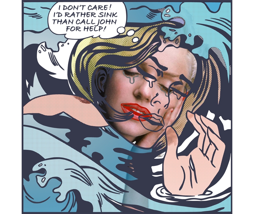 drowning marilyn, V double, reinterpret after Lichtenstein and Eisensteadt, print on acryl and photo