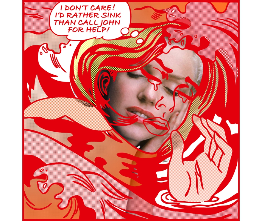 drowning marilyn, V red, reinterpret after Lichtenstein and Eisensteadt, print on acryl and photo